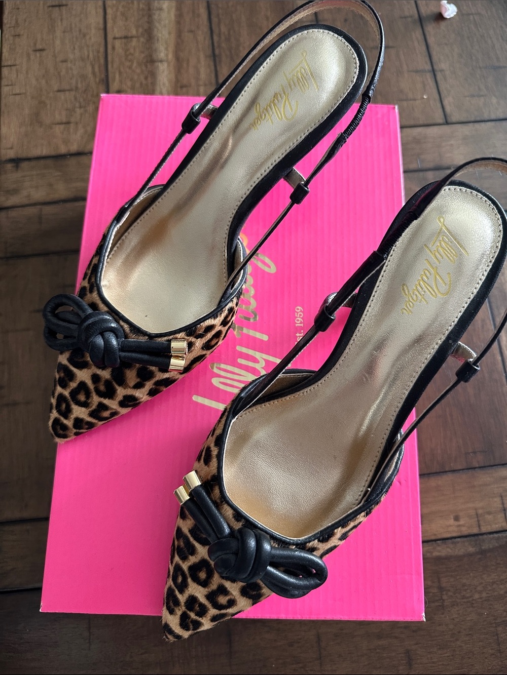 Lilly Pulitzer Leopard Print Pointed Slingback kitten Heels - Black bow Accents